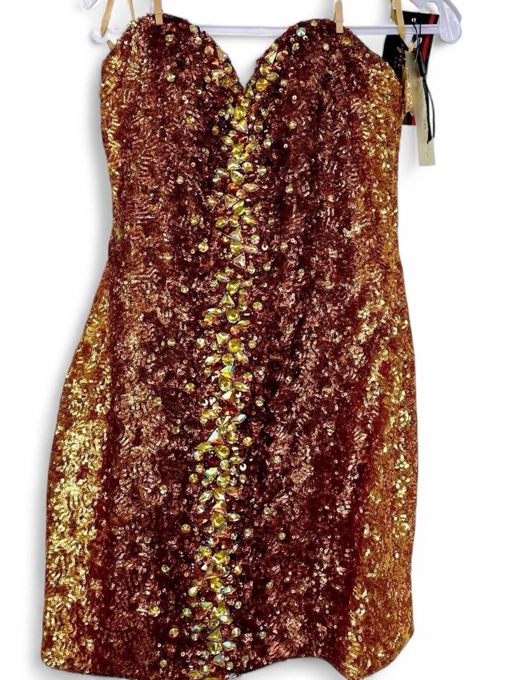 Gold and bronze sequin/ rhinestone strapless cocktail dress